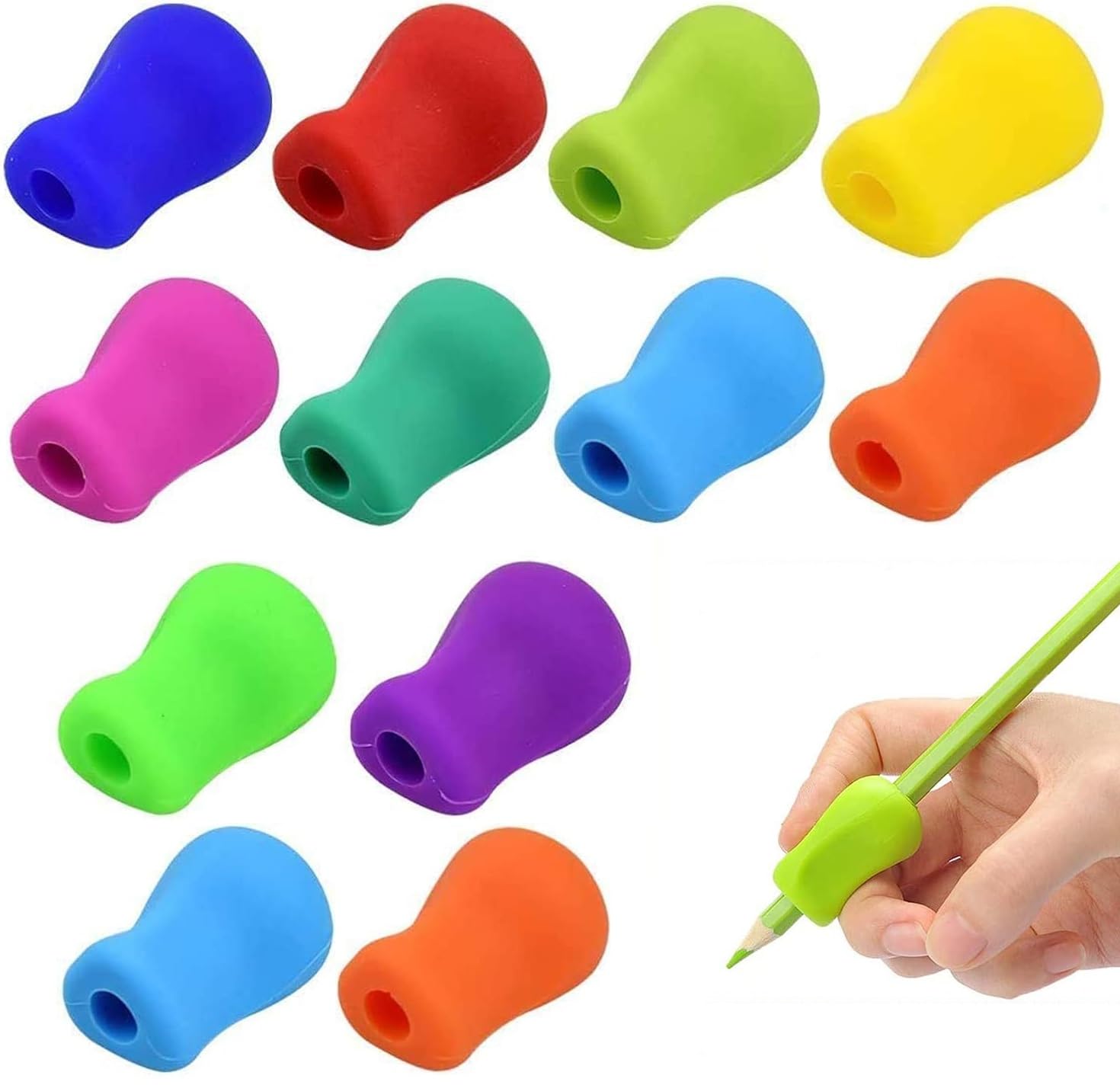 KOMUNJ Pack of 12 Writing Aid for Children's Pen, Silicone Writing Aid Set, Silicone Ergonomic Pencil Holder for Left or Right (Random Colour)