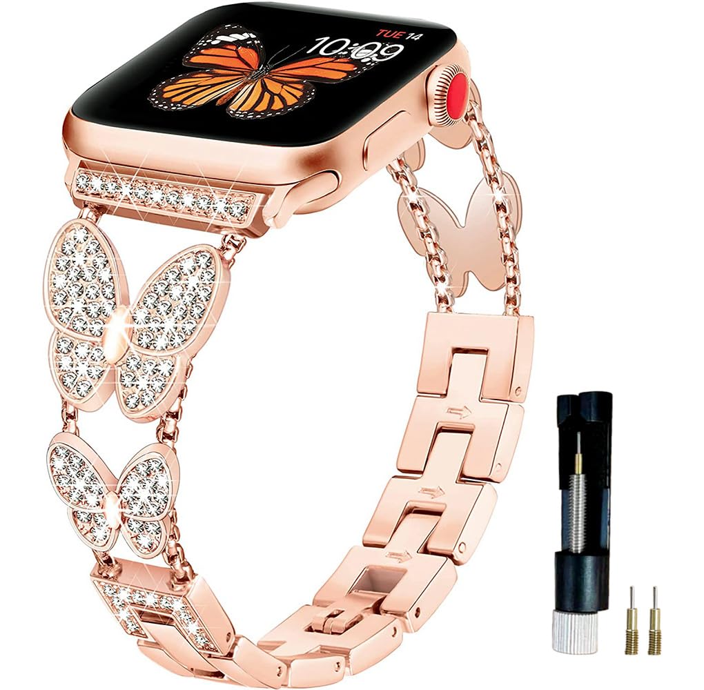 RXXR Women Smartwatches Straps Compatible with Apple Watch 38mm 40mm 41mm 42mm(Series 10) Bling Diamond Butterflies Metal Band for iwatch Series 41mm 10 9 8 7 6 5 4 3 2 1 SE Ultra/Ultra 2