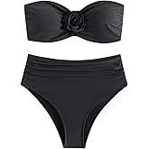 OYOANGLE Women's 2 Piece Bikini Sets 3D Floral Appliques Strapless Sleeveless High Cut Solid Bandeau Swimsuits