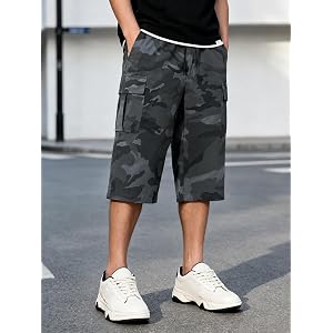 Men's Camouflage Cargo Capri Pants, Drawstring Elastic Waist Cropped Shorts with Utility Pockets