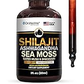 Dr.WellMe Shilajit Ashwagandha Sea Moss Safed Musli & Shatavari Liquid Drops –2 fl oz for Natural Energy, Immune Boost, Stress Relief, Detox, Joint & Muscle Health
