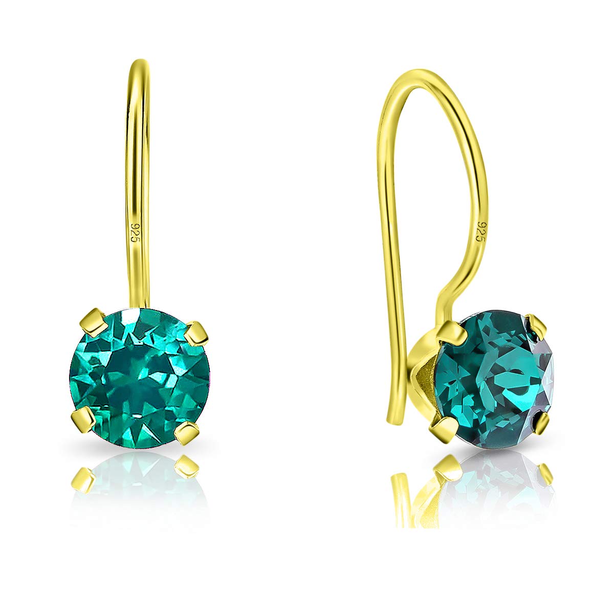 DTPSilver - 925 Sterling Silver Yellow Gold Plated Round Fixed Hook Earrings made with Glittering Crystals from Swarovski® Elements - Diameter: 6 mm - Colour : Green Emerald