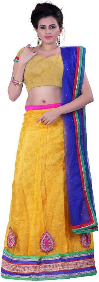 Sonika Yellow & Royal Blue Net 3 Piece Lehenga Choli