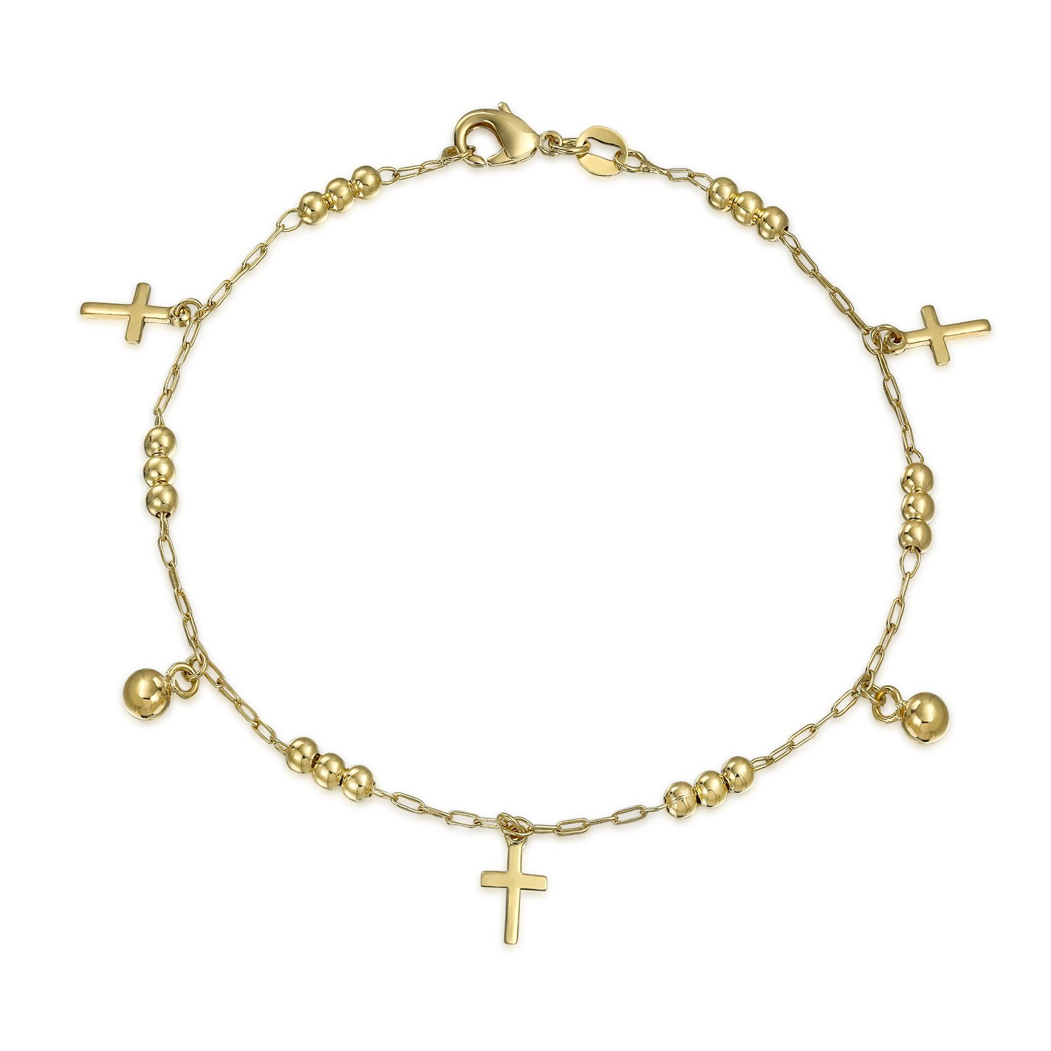 Bling Jewelry Christian Religious Spiritual Beads Bells Dangle Charm Multi Cross Anklet Ankle Bracelet For Women Teens 18K Gold Plated Brass 10 Inch