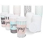 BLUE PANDA Disposable Coffee Cups with Lids - 48-Pack 16 Oz Paper Cups - Polka Dot & Stripe Design for Birthday Parties, Weddings & Baby Showers