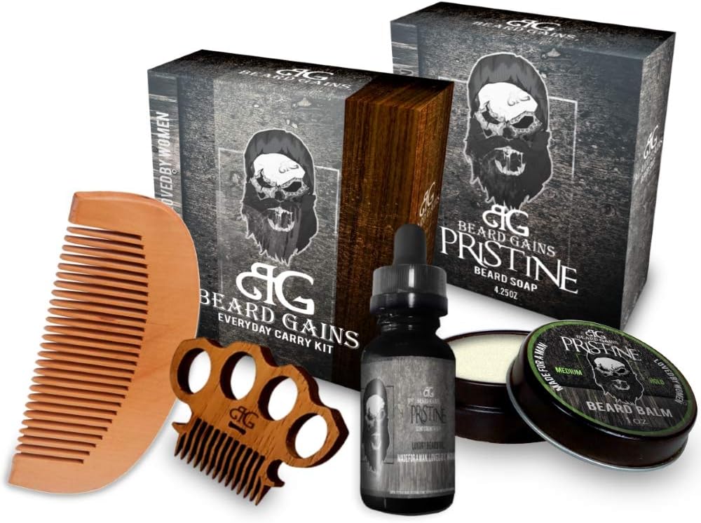 BEARD GAINS Pristine Complete Every Day Carry 100% Organic Scented Beard Care Kit W/Beard Oil, Conditioner, Balm, Wooden Mustache & Beard Comb | Beard Grooming Kit