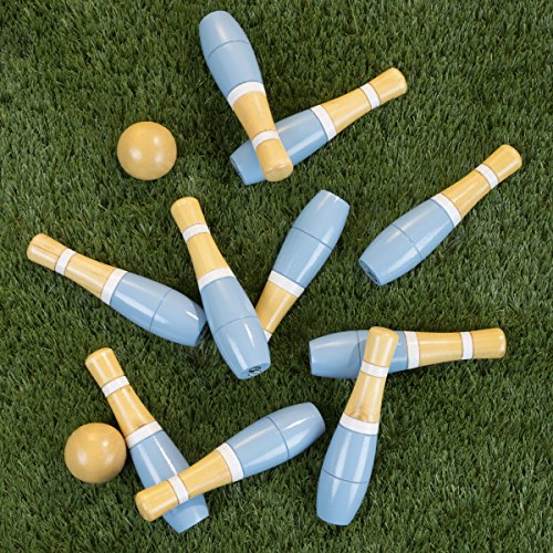 Hey!Play! Lawn Bowling Game/Skittle Ball- Indoor/Outdoor Fun for Kids, Adults -10 Wooden Pins, 2 Balls & Mesh Bag Set, 8 Inch, Blue/White - Thumbnail 3