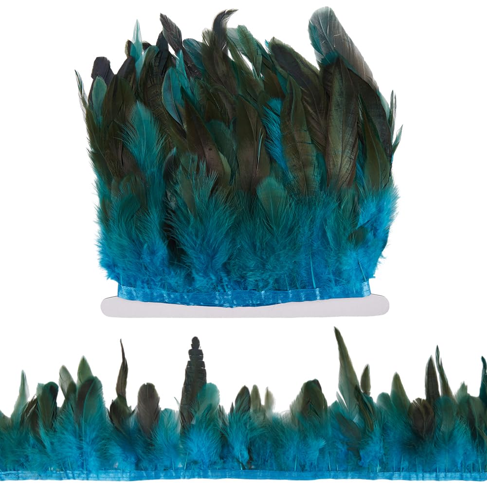 GORGECRAFT 5m Rooster Hackle Feather Fringe Trim 13cm~18cm Wide Natural Feather Trimming Fringe Decoration Feather Trim Ribbon for DIY Shawl Skirt Halloween Carnival Costume Decor, Dark Slate Blue