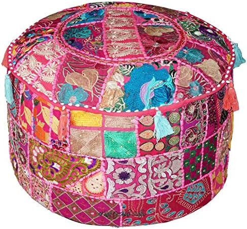 Pink 22" Handmade Round Ottoman Pouf Stool Chair Pouffe Indian Decorative