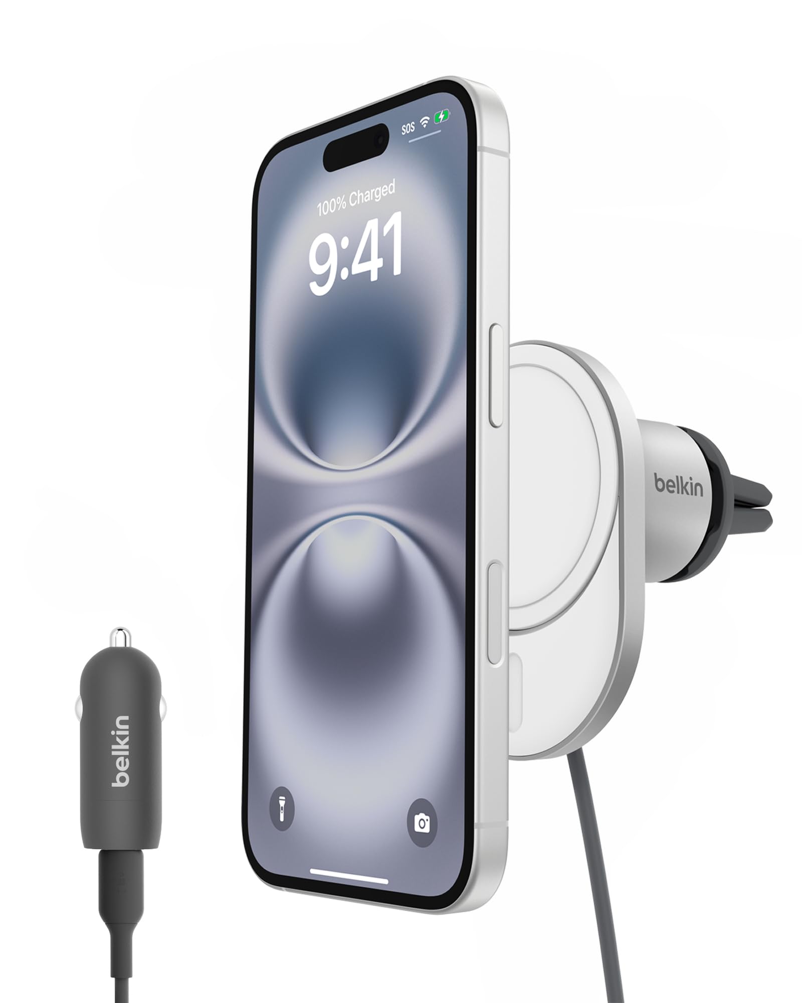 Belkin BoostCharge Pro Magnetic Wireless Car Charger with Qi2 15W, MagSafe-compatible magnetic car vent phone mount for iPhone 17, Air, 16 Series, Pixelsnap, 20W USB-C PSU + 1.5m cable included - Grey