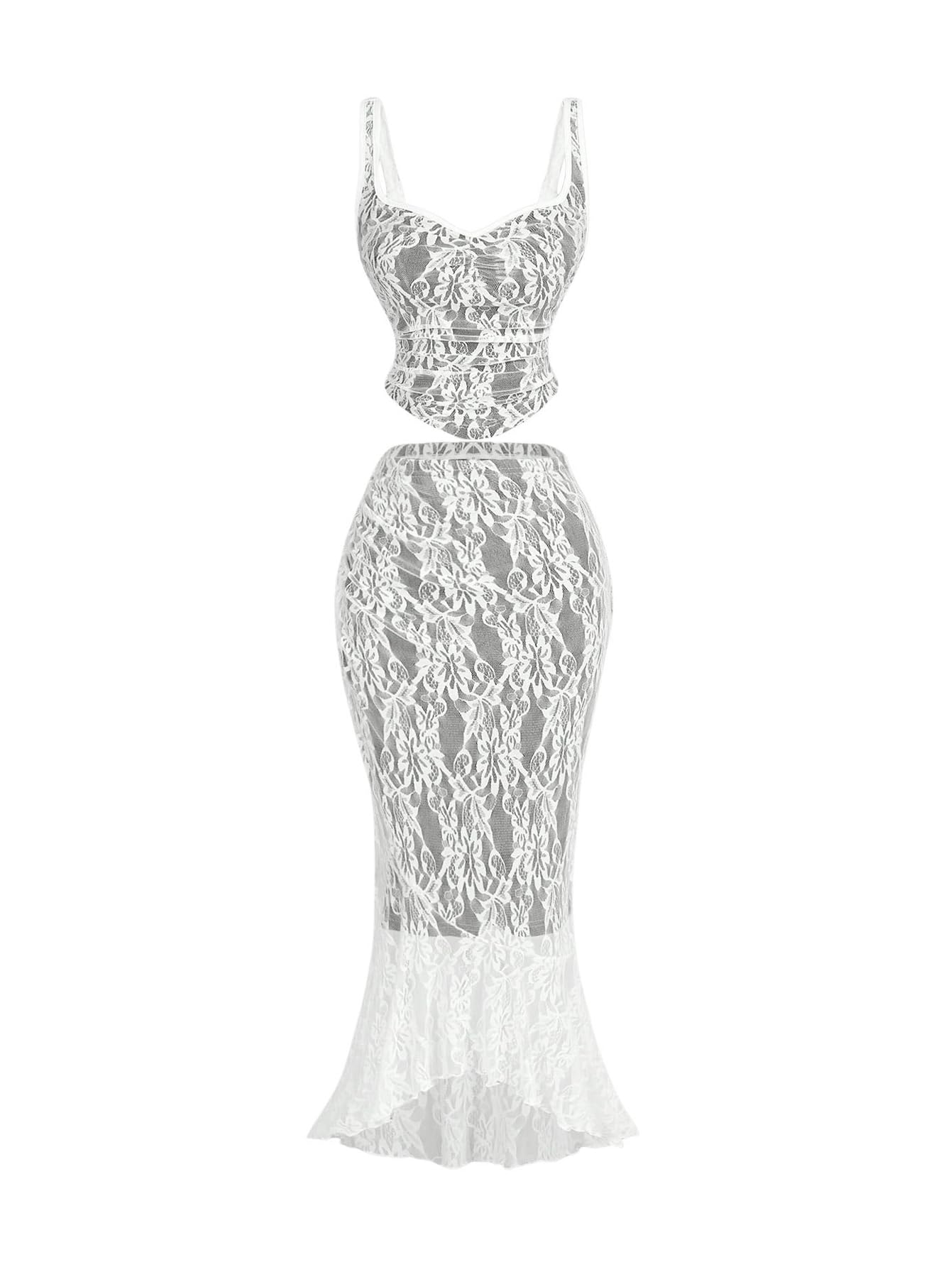 Photo 1 of SOLY HUX Women's Floral Lace Skirt Set 2 Piece Sleeveless Top and Bodycon Fishtail Skirts Summer Coquette Outfits Black and White X-Small
