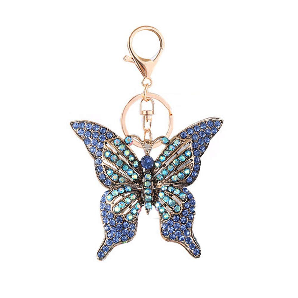 Chun Crystal Rhinestone Butterfly Keychain,Gold SparklingKeyrings,Pendant(Blue)