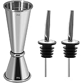 Jigger for Bartending with 2 Pourers, Japanese Jiggers with 5 Measurements Inside, Jiggers 2 OZ 1 OZ, Shot Measure, Ba Bartender Tool Accessories, (Silver, 1 Jigger+ 2 Pourers)