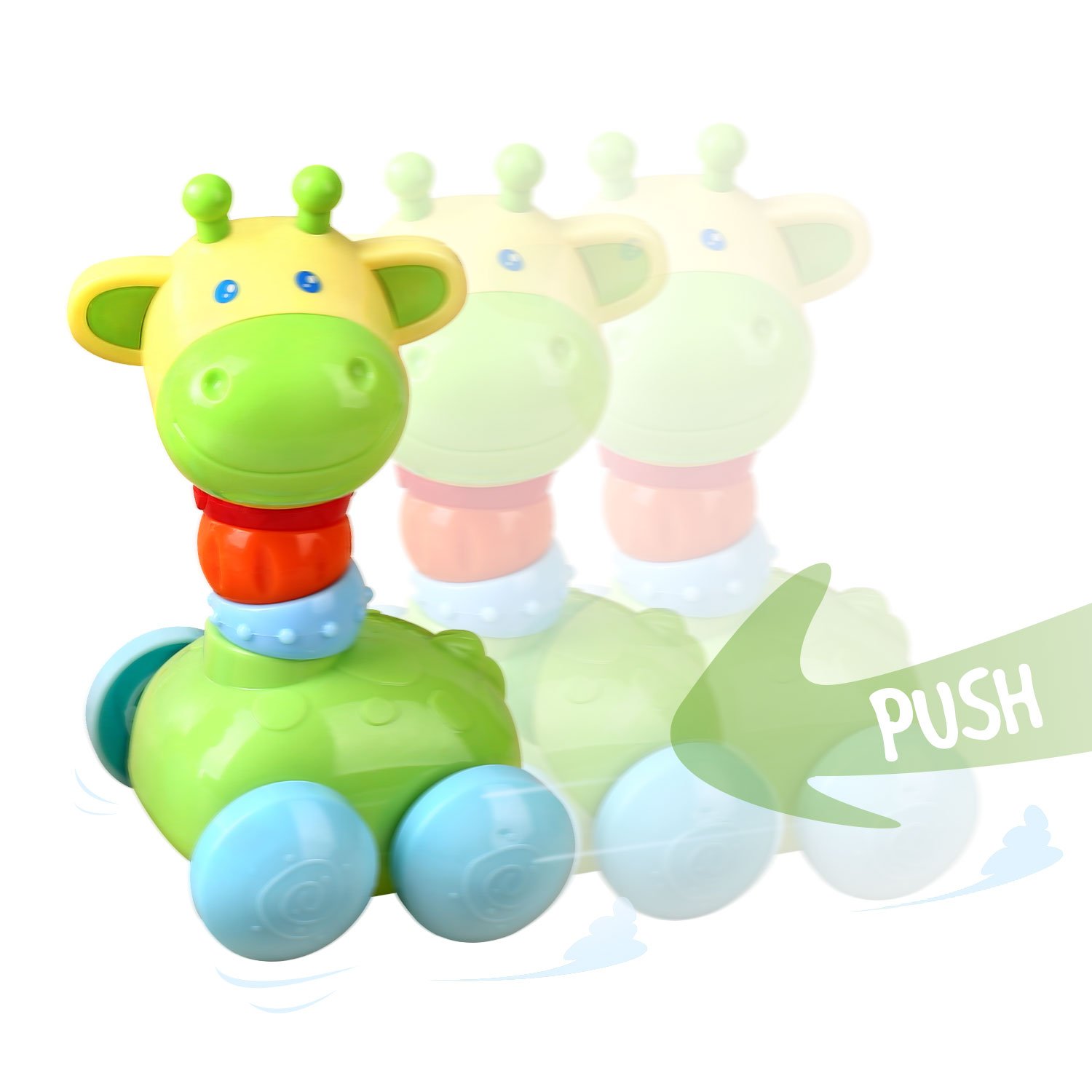 Baby Rattle Toys Play Set by Peradix - Push and Go Giraffe Car with Wheels to Grab and Spin Hand Bell Shaker Nursery Toys for Crawling Newborn Baby, Infant Toddler Gift