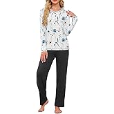 iChunhua Fall Pajamas for Women Set 2 Piece Loose Sleepwear Long Sleeve Henley Sleep Set Pjs Loungewear with Pocket