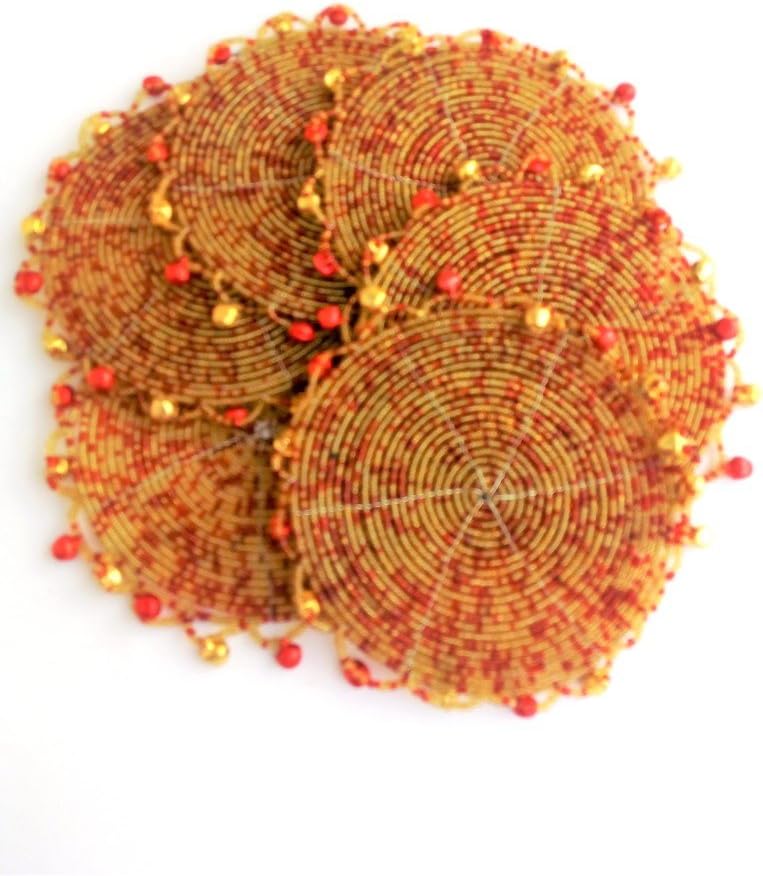 Dhrohar Handmade Red Beaded Coasters -4" Round Coasters - Dinning & Kitchen Table Accessories, Home Decor for All Occasion (Set of 6)