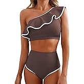 Herseas Women's One Shoulder Bikini Sets Color Block Trim Ruffle Hem Swimsuits Elegant Bathing Suits