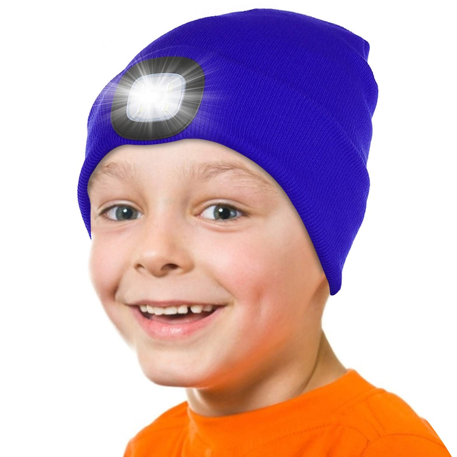 Attikee Kids LED Beanie with Headlamp - Rechargeable 4 LED Lighted Hat with Torch, Adjustable Brightness Winter Knit Cap for Cycling, Running, Camping, Night Walking for Boys & Girls Blue