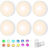 HELPLEX LED Puck Lights with Remote, 6 Pack Color Changing RGBW Stick-On Light, Battery Powered, Dimmable Under Cabinet Light