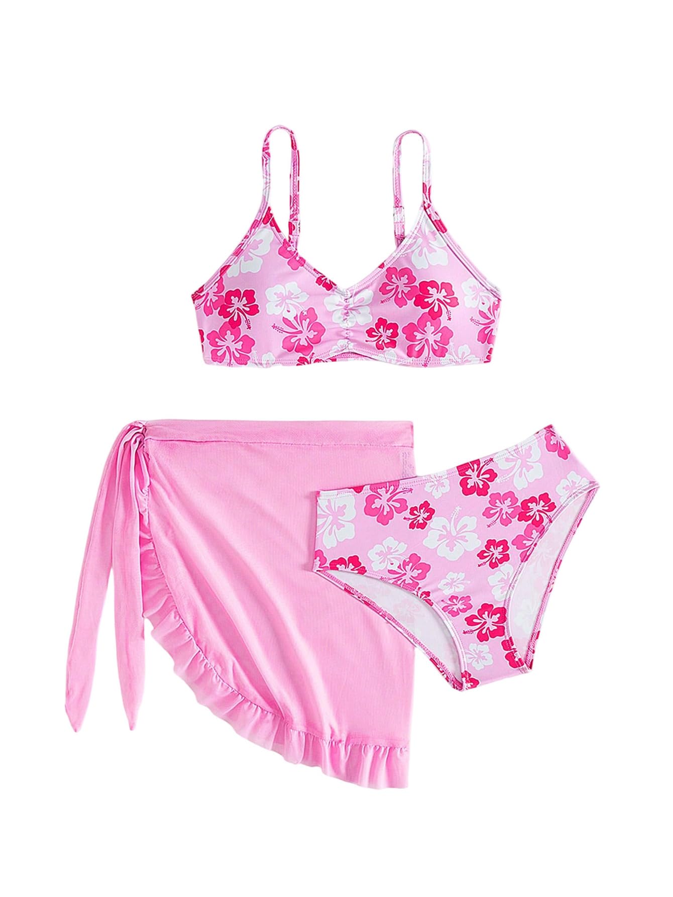 Photo 1 of BEAUDRM Girl's 3 Piece Floral Swimsuits Ruched V Neck Bikini Bathing Suits with Mesh Skirt Cover Up Pink 8Y