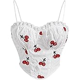 SOLY HUX Women's Plus Size Cherry Embroidery Frill Cami Crop Tops Asymmetrical Hem Bustier Top