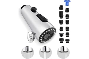 ANJOES Stainless Faucet Head Replacement with 12 Adapters Compatible with Moen/Delta/Kohler Faucet Sprayer, 3 Functions Pull Down Kitchen Sink Faucet Head, All-metal, Chrome
