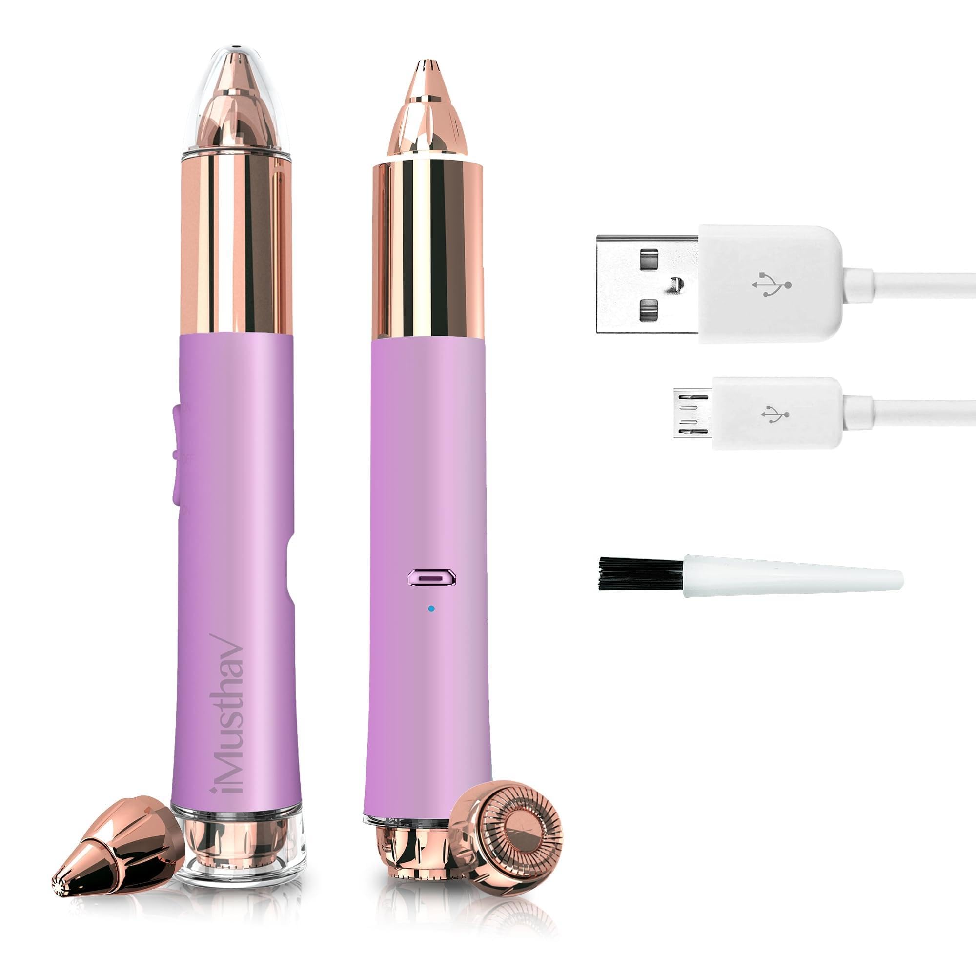 2-in-1 Portable Rechargeable Painless Eyebrow Trimmer & Facial Hair Remover, removes Eyebrow, face, Lips and Body Hair for Women. 18K Gold Plated Hypoallergenic Heads, 360° LED Light for Hair Removal