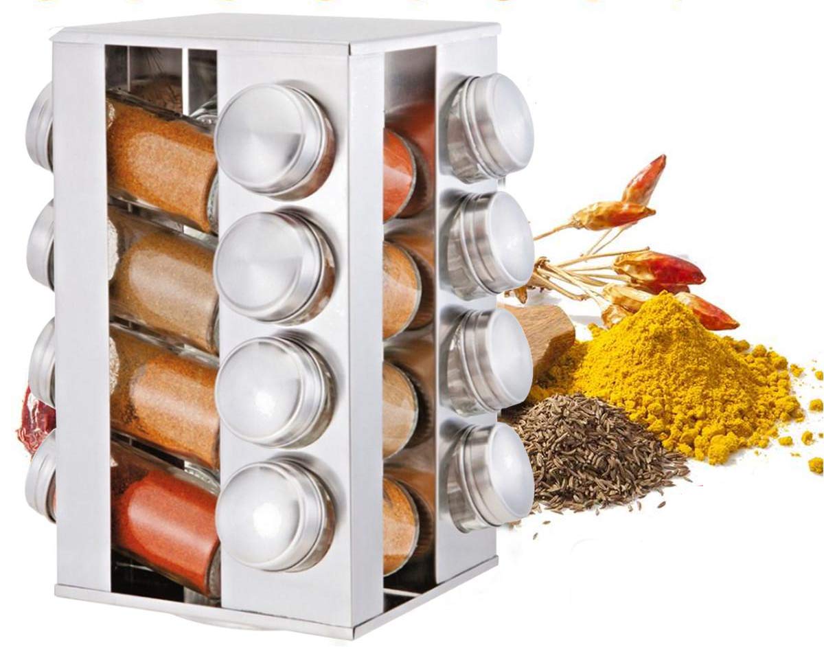 Rubik Spice Rack with 16 Jars, Stainless Steel Rotating Seasoning Storage  Organization Spice Carousel Tower for Kitchen (Square 16pcs/Set)