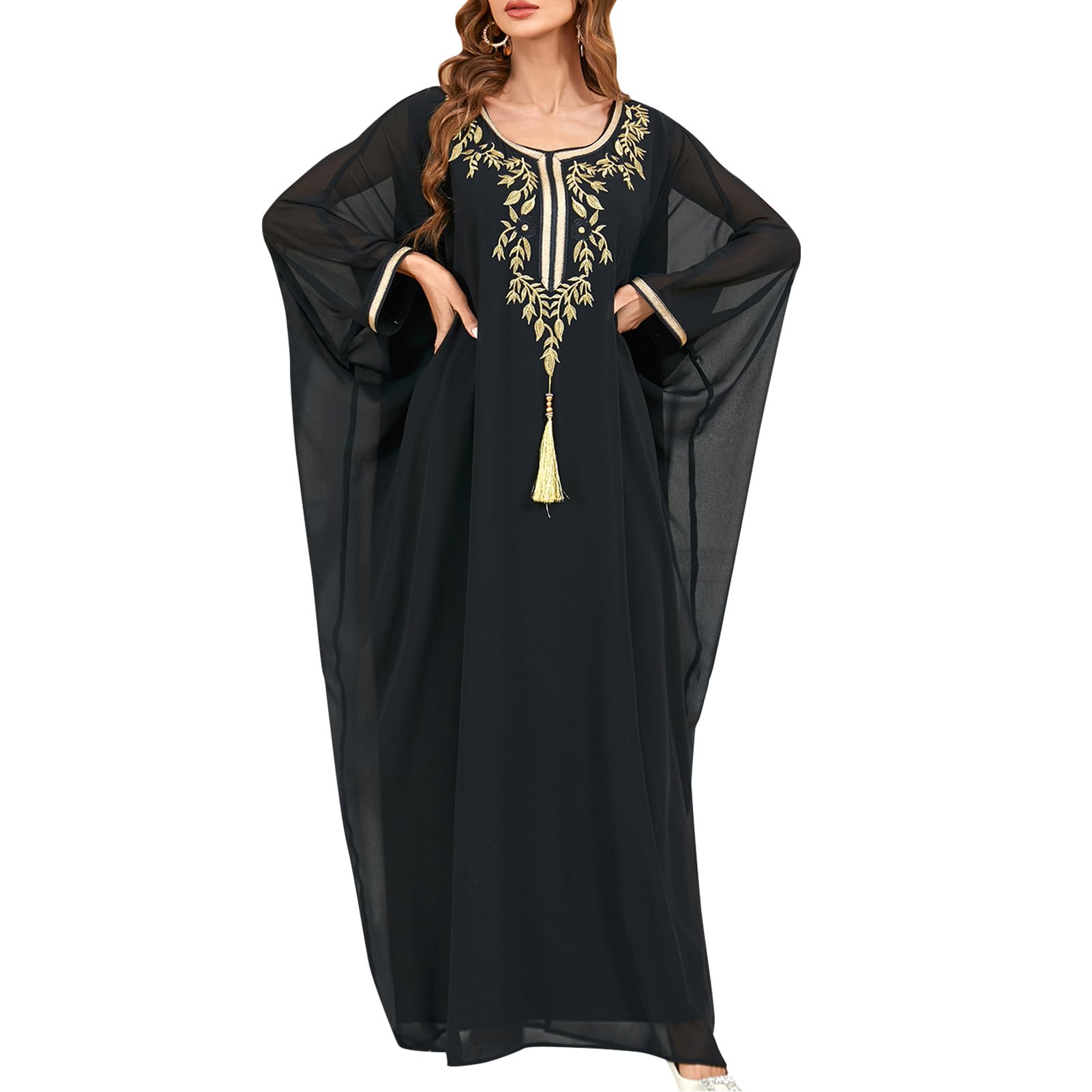 Photo 1 of Women Kaftan Dubai Abaya Dress Casual Moroccan Kaftan Gown Eid Clothes Applique Embroidery Moroccan Dubai Kaftans Farasha Abaya Dress Very Fancy Long Gown Long Maxi Formal Bridesmaid Dresses Black m