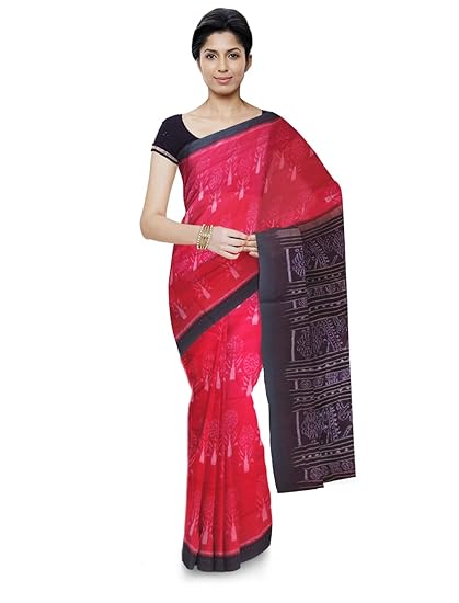 Odisha handloom Sambalpuri Handloom Womens Cotton Saree (Red & Black)