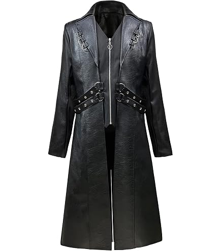 ZNZHKR Men's 70s PU Leather Trench Coat Long German Style Punk