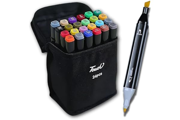 Kit de 24 Canetas Marcador Permanente Ponta Dupla Touch Coloridas para Desenho Profissional Escolar Infantil com Estojo Organizador Base Artista Canetinhas Hidrográficas Alcool Caneta para Colorir