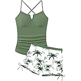 Deoynut Girls Tankini Swimsuit 2 Piece Bathing Suits Criss Cross Back Swim Tank Top and Drawstring Bottoms for Teens 9-16Y