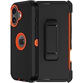 RubCase for iPhone 16 Phone Case, Military Grade Drop Protection Cell Phone Cover with Belt Clip Holster Stand, Screen Protector x2 Rugged Shockproof Kickstand for iPhone 16 Case 6.1 inch (Orange)