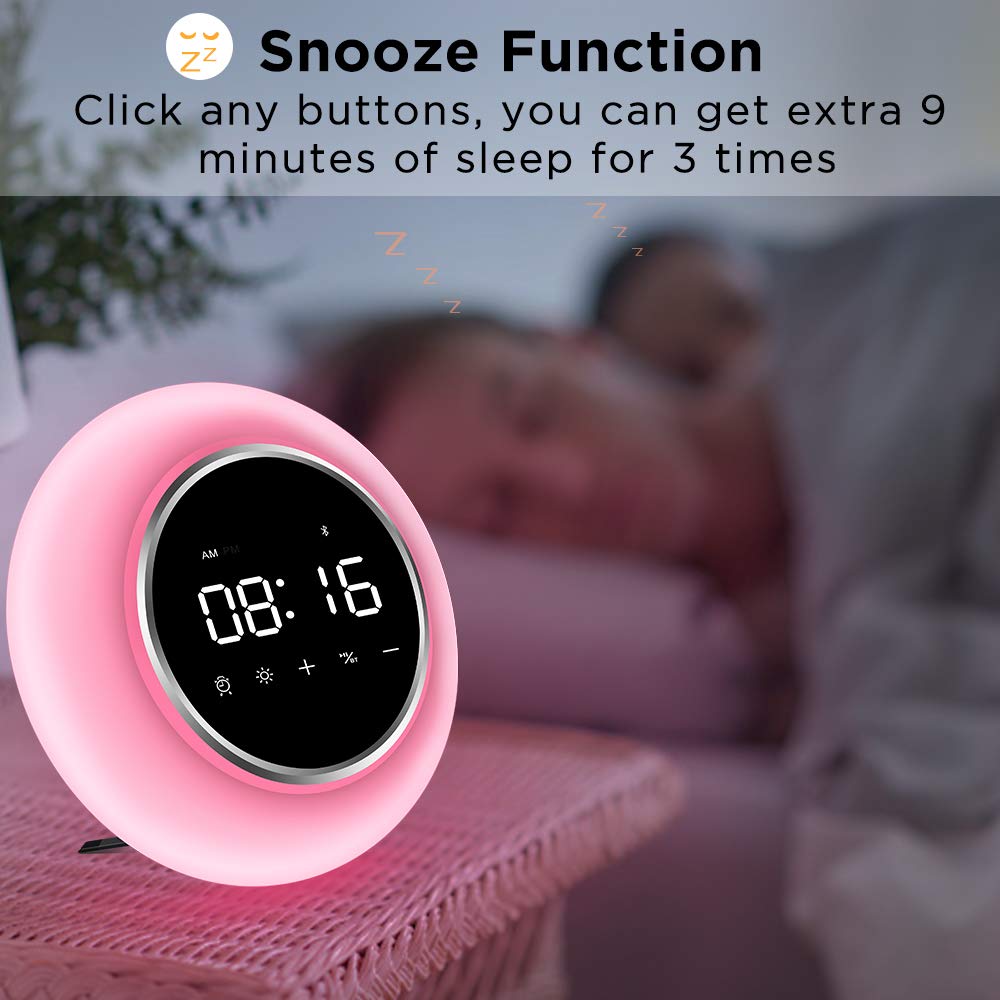 KZY Wake Up Light Alarm Clocks, Kids Alarm Clock Sleep Aid Night Light for Bedrooms, 9 Colors Bluetooth Speakers for Party, Festival
