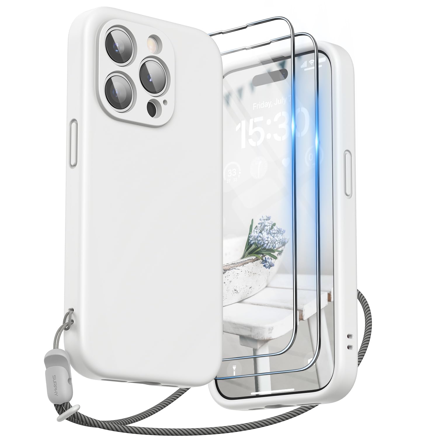 SURPHY Design for iPhone 15 Pro Case, Liquid Silicone Protection for Each Lens [2 x Screen Protectors & 1 x Lanyard] Shockproof Cover for iPhone 15 Pro 6.1 inch 2023, White