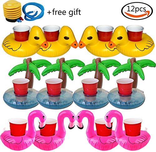 Wormholex 12-Piece Inflatable Flamingo Coasters Palm Tree Duck Drink Holder Pool Floats