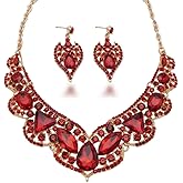 Qlavoca Custom Women's Fashion Jewelry Set Royatly Rhinestone Crystal Statement Rib Necklace Teardrop Dangle Earrings