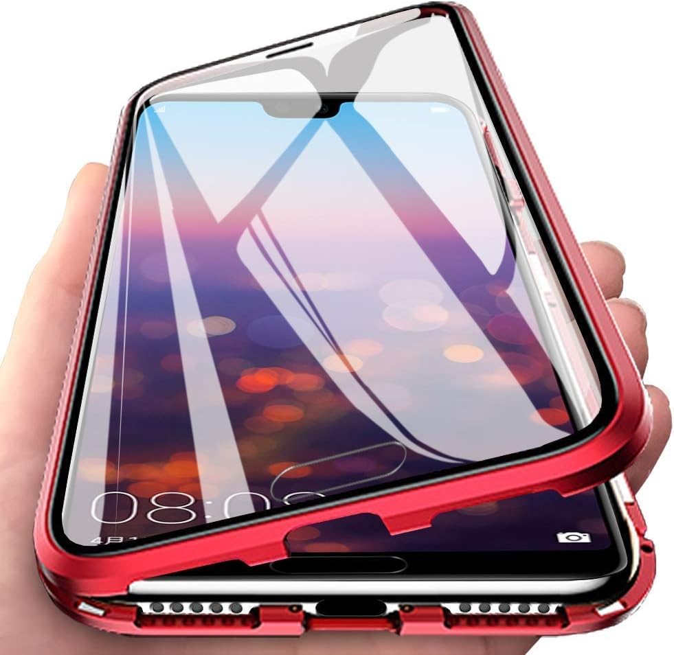 Wishcover Compatible for OnePlus 7T Pro Case Magnetic Adsorption Ultra Thin 360 Degrees Fully Screen Protective Case Metal Aluminum Frame Transparent Front and Back Tempered Glass Cover