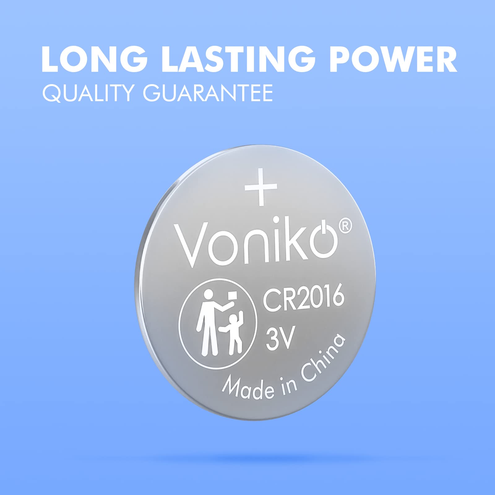 Voniko CR2016 3V Lithium Batteries 5 Pack for Child Safety, Compatible with Remotes, Key Fobs, Glucose Monitors - 7 Years Shelf Life