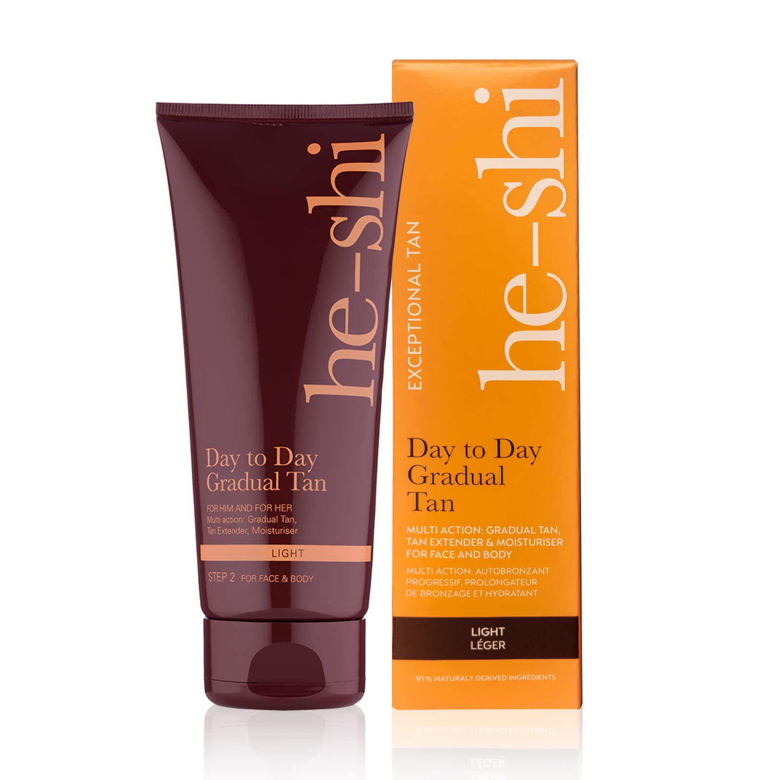 He-Shi Gradual Tan Moisturiser - Day to Day Medium Tanning Lotion - Natural Self Tanning Lotion - Bronze Glow with Vitamin E - Vegan & Cruelty Free - Hydrating Tan for Face & Body (200ml)