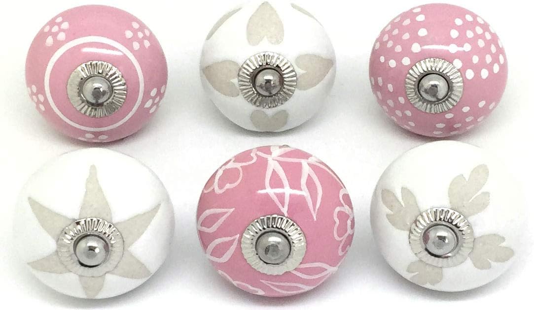 Set of 6 Pink & White Ceramic Door Knobs by These Please S6-2
