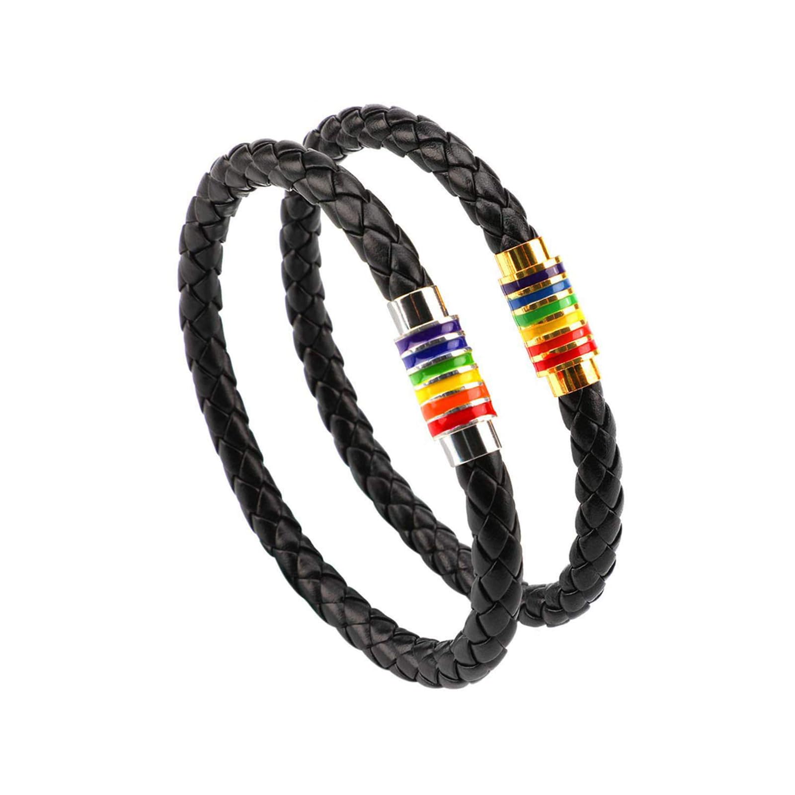 PHOGARY Gay Pride Bracelet LGBT Rainbow Style (2 Packs), Couple Black Leather Bracelet Men’s Women’s Bangle with Rainbow Striped Stainless steel Magnetic Clasp 22cm