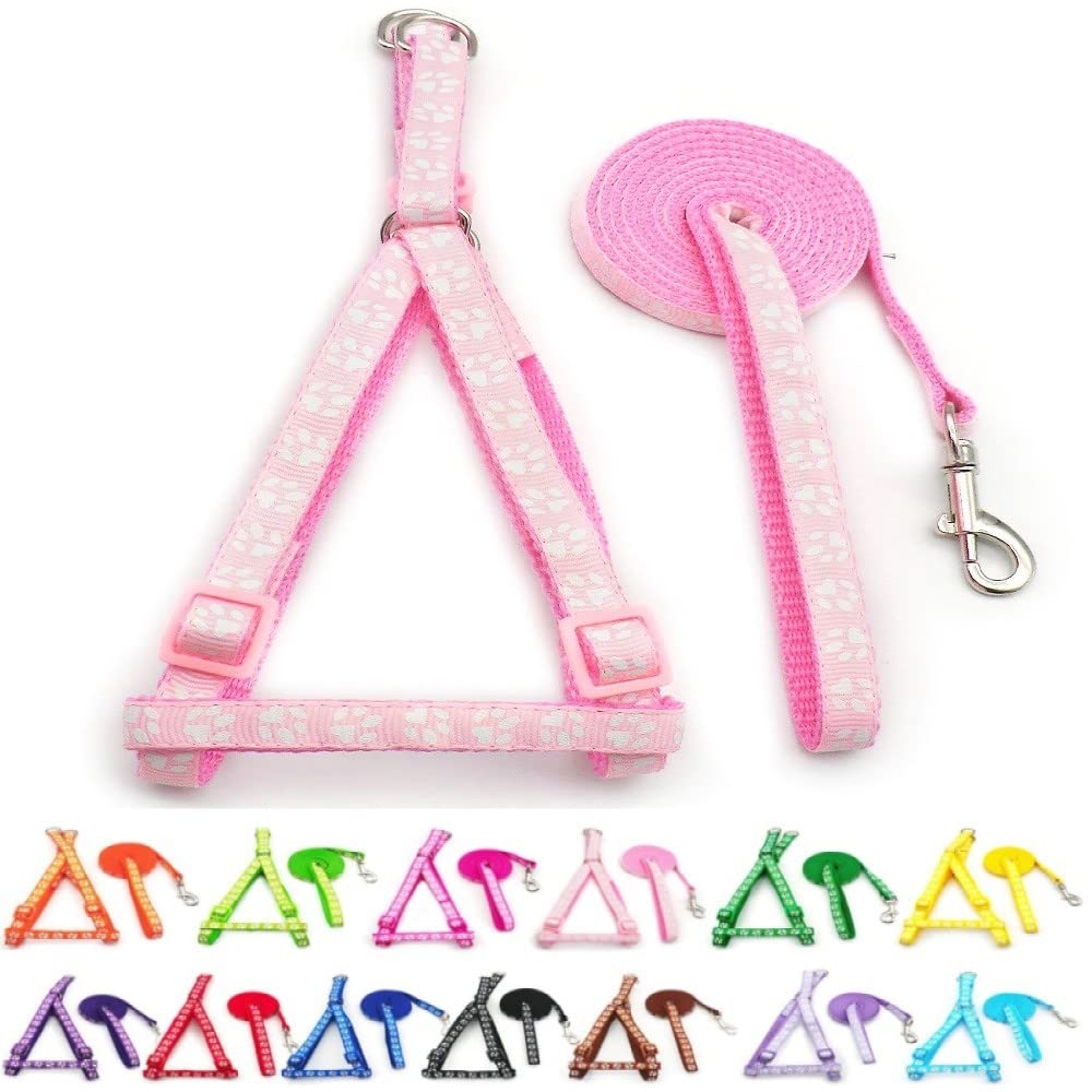 Small Dog Puppy Pet Cat Kitten Harness and Lead Set Pawprint Design Nylon Adjustable Chest Size 21-34cm and 120cm Leash Light Pink