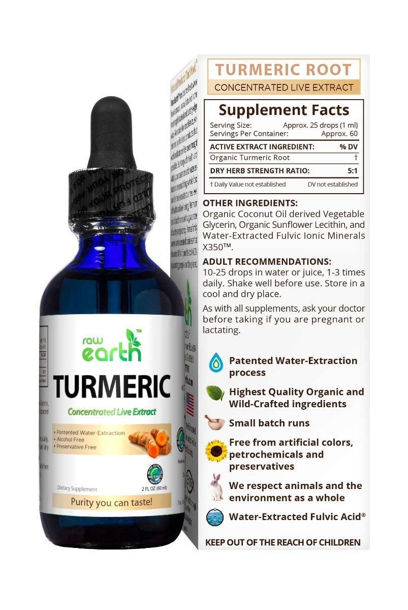 Raw Earth Live Turmeric Root Extract - Organic Ingredients - Alcohol Free - BioActive Curcumin Liquid Drops - Patented Process with Fulvic Mineral Transport System