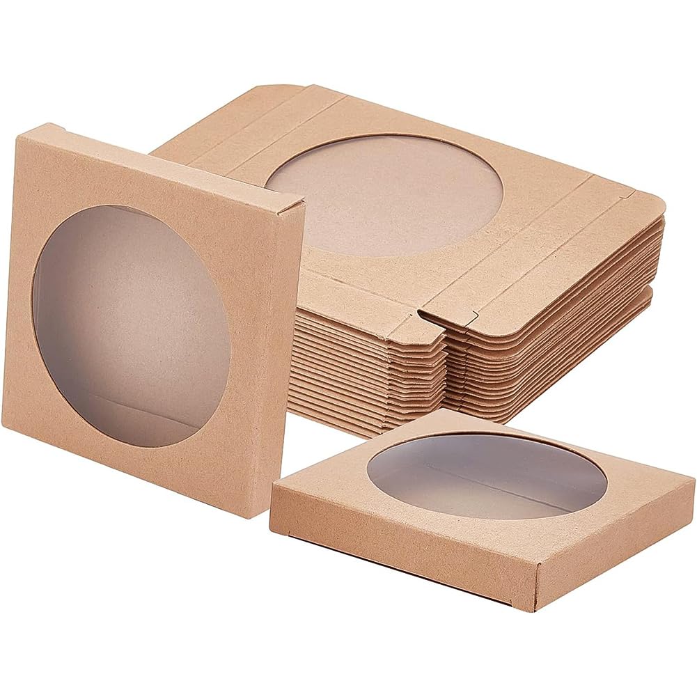 BENECREAT 24 Pack Brown Kraft Paper Boxes with Clear Window 9x9x1.5cm Paper Gift Packaging Boxes for Wedding Party Candy Cookies Favor Treat