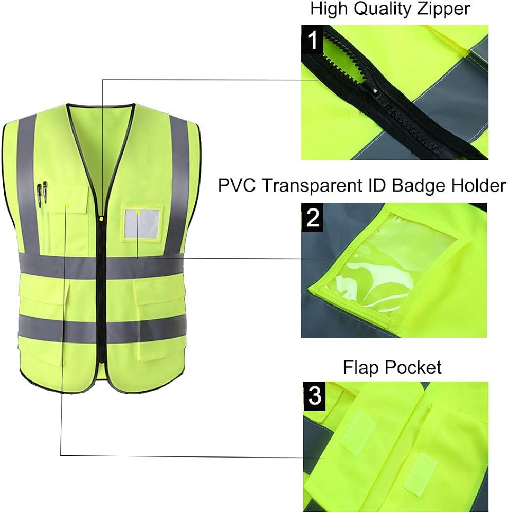 HYCOPROT High Visibility Reflective Safety Vest with Pockets and Zipper Front, Neon Yellow, Meets ANSI/ISEA Standards: Clothing