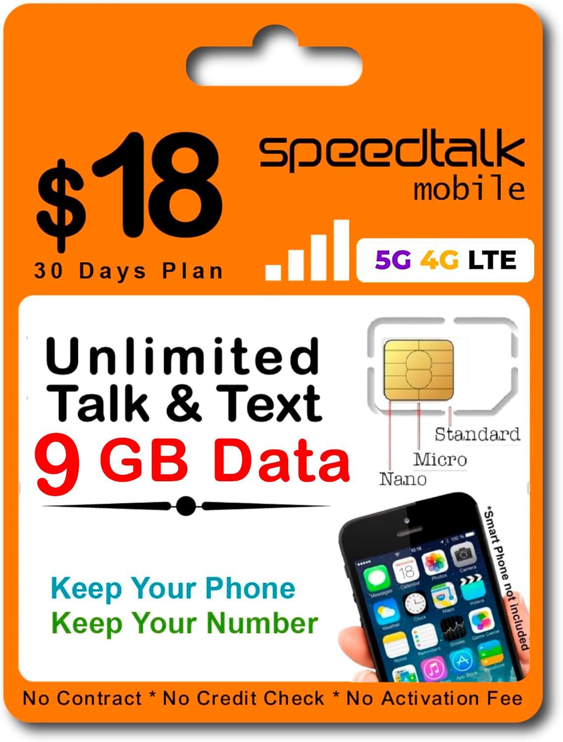 SpeedTalk Mobile Prepaid Cell Phone SIM Card for Smart Phones & Cellphones | $18 Monthly Plan - Unlimited Talk & Text + 9GB 5G 4G LTE Data | 3-in-1 SIM Card Standard Micro Nano