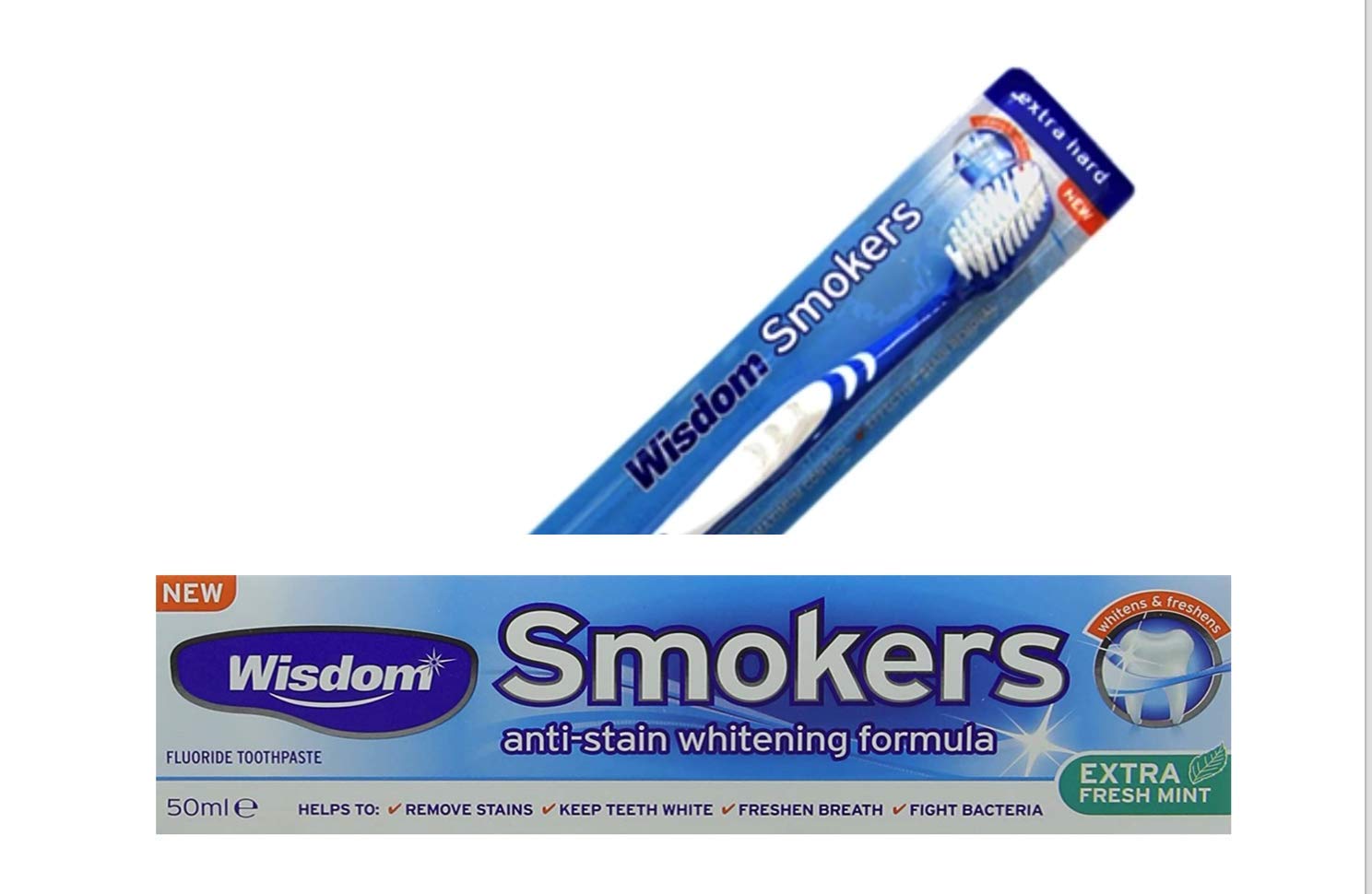 Wisdom Extra Fresh Mint Toothpaste 50ml and Wisdom Smokers Extra Hard Toothbrush
