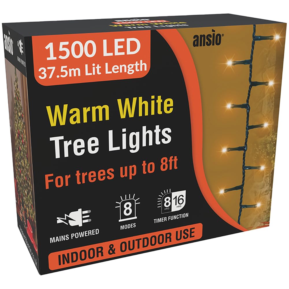 ANSIO® Christmas Tree Lights 1500 LED 37.5m/123ft - Warm White Cluster Compact Lights for Indoor & Outdoor Decorations Fairy Lights with Timer for Xmas Garden & Party | Mains Powered Green Cable
